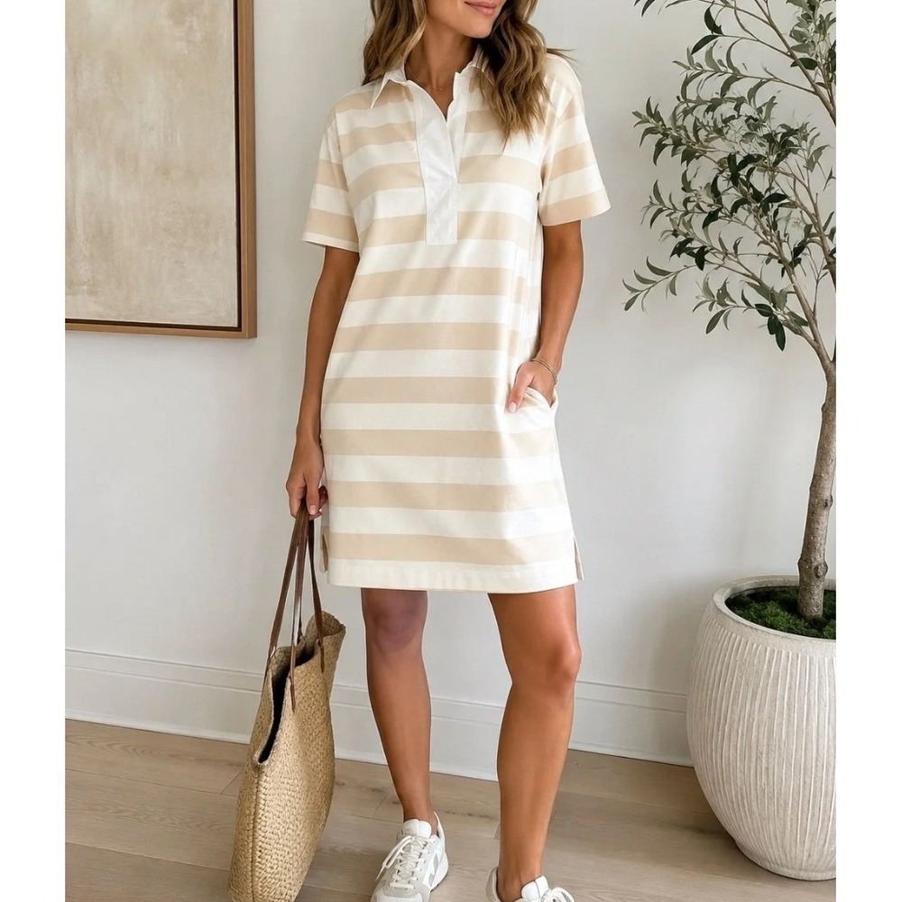 Everlane Organic Cotton Oversized Polo Dress Striped XXS Mini Rugby Tan NEW